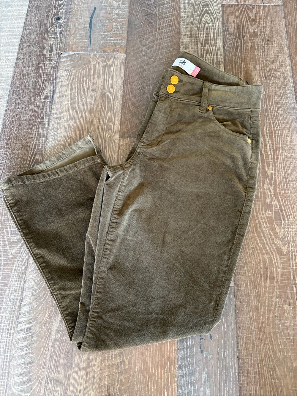 CAbi High-Low Crop Flare Jeans in Olive Green - Picture 2 of 4